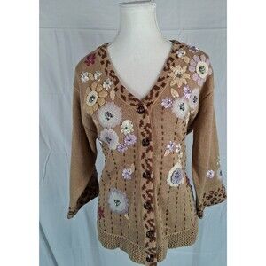 Storybook Knits Cardigan Sweater Women Medium Tan Floral 3D Beaded Animal Print